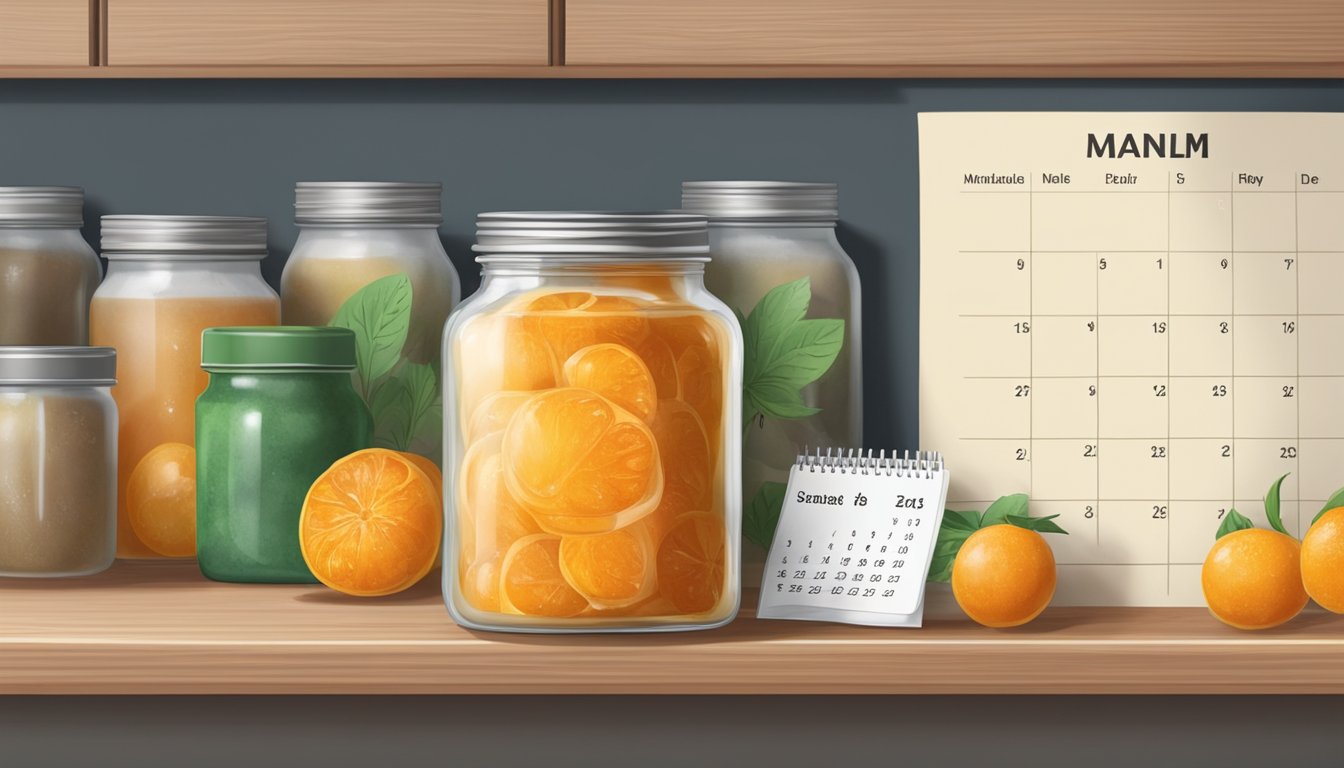 A jar of expired marmalade with visible mold growth, sitting on a kitchen shelf next to a calendar showing the current date