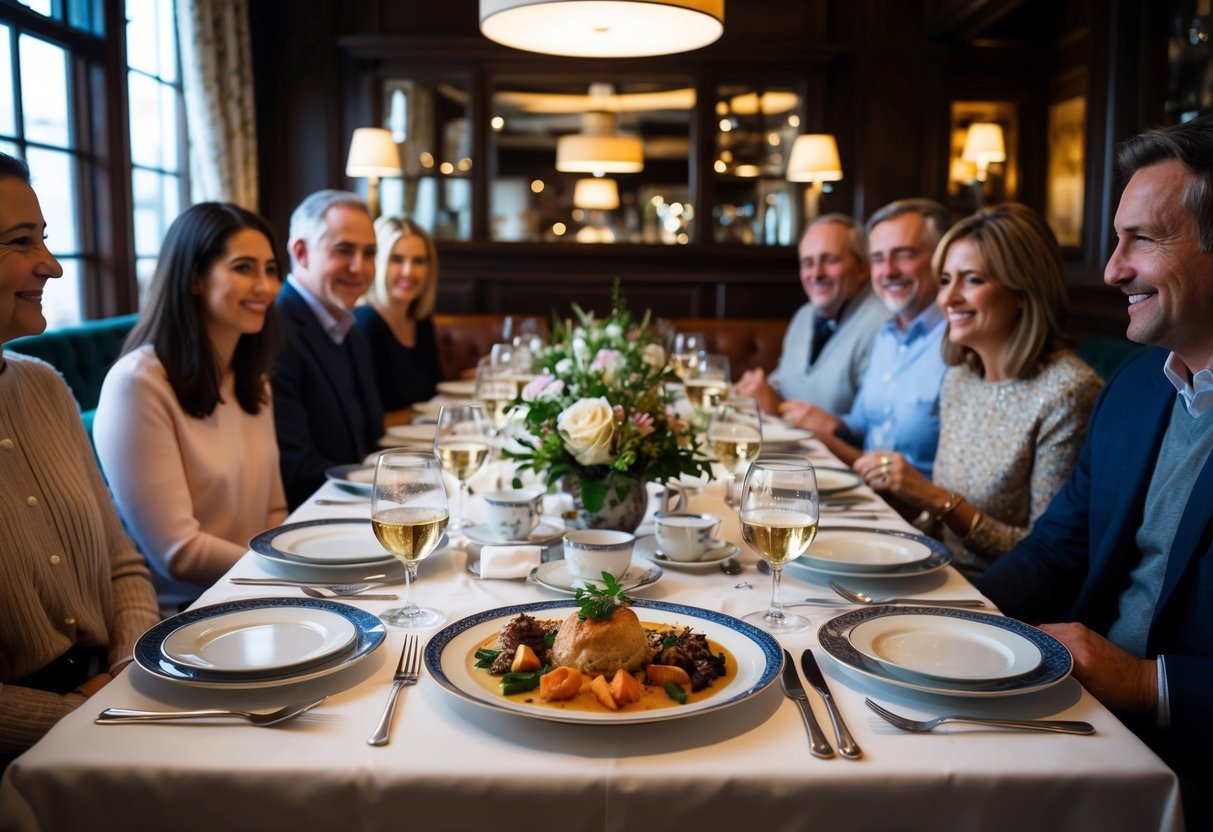 A table set with elegant dinnerware and a spread of traditional British cuisine, surrounded by family and friends in a cozy, dimly lit restaurant