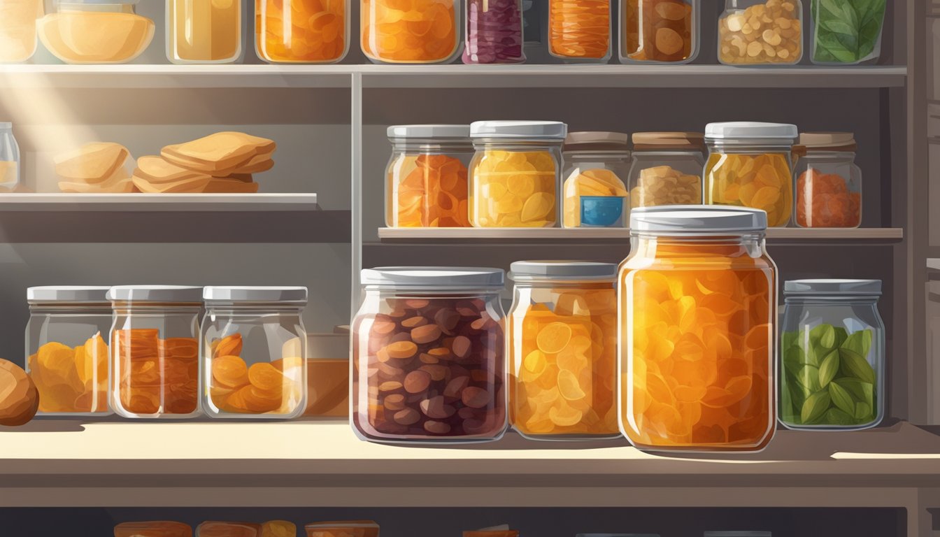 A jar of expired marmalade sits on a high shelf, away from direct sunlight and heat sources, surrounded by other preserved foods in a pantry