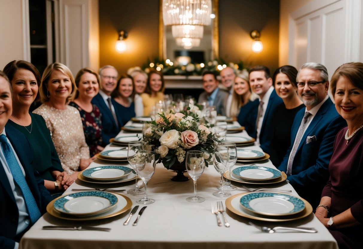 A table set with elegant dinnerware and a floral centerpiece, surrounded by smiling guests in a cozy, dimly lit room