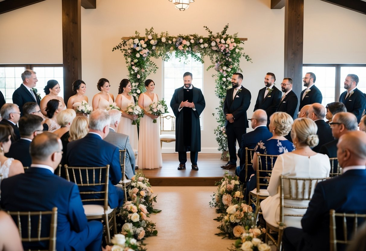 Guests gather around a ceremonial space, adorned with flowers and decorations. An officiant stands at the center, overseeing the wedding rituals