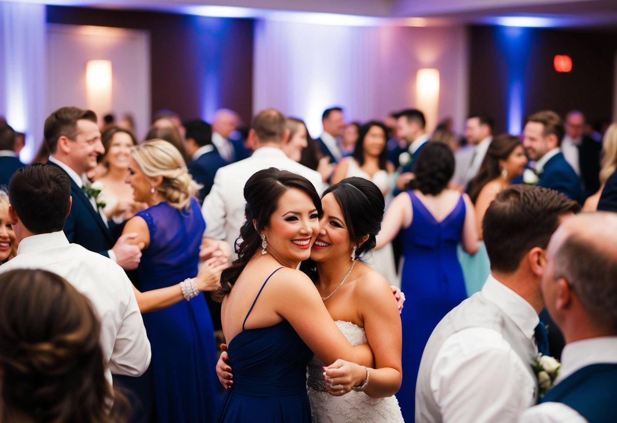A bustling wedding reception with guests mingling, dancing, and enjoying the festivities