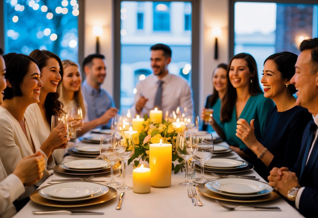 A table set with elegant dinnerware and glowing candles, surrounded by happy guests chatting and laughing