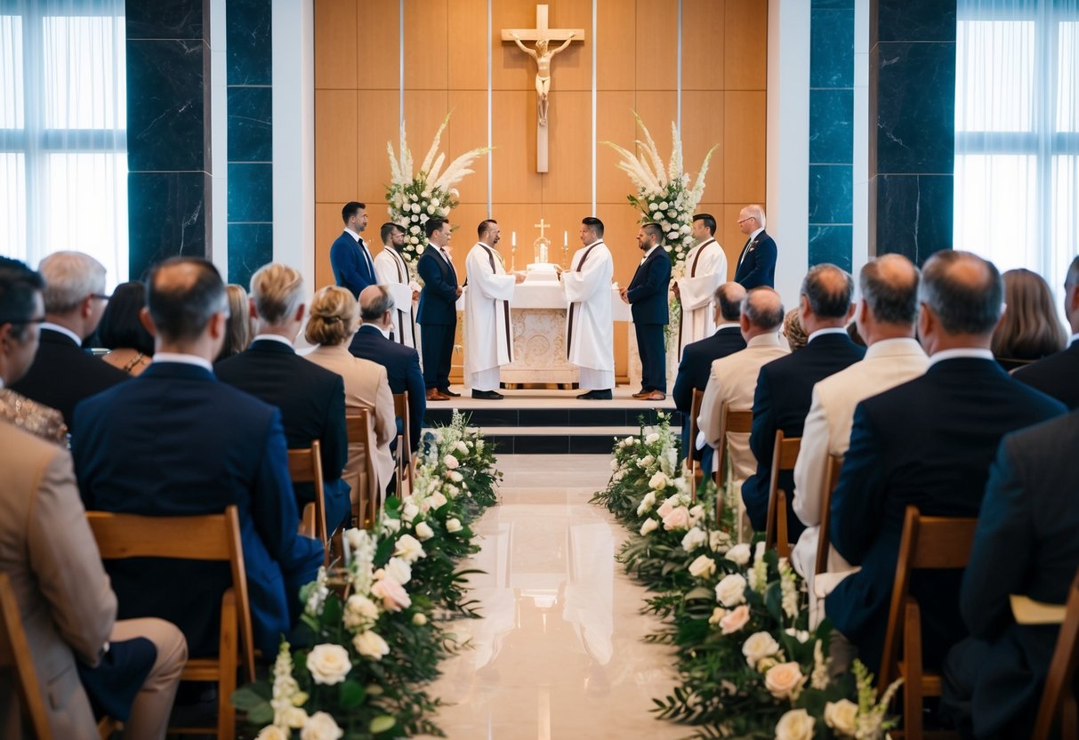 A group of figures stand in rows, facing an altar and floral decorations. They appear to be practicing a ceremony