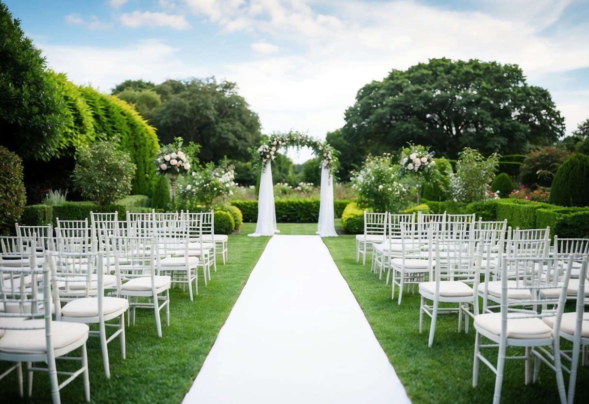 A wedding rehearsal: a serene garden with a decorated arch, rows of empty chairs, and a pathway for the bride and groom to walk down