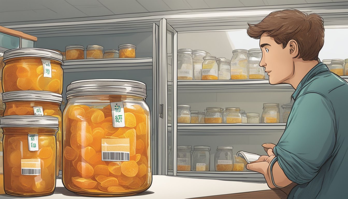 A jar of expired marmalade with visible mold growth, a "best by" date label, and a concerned person looking at it