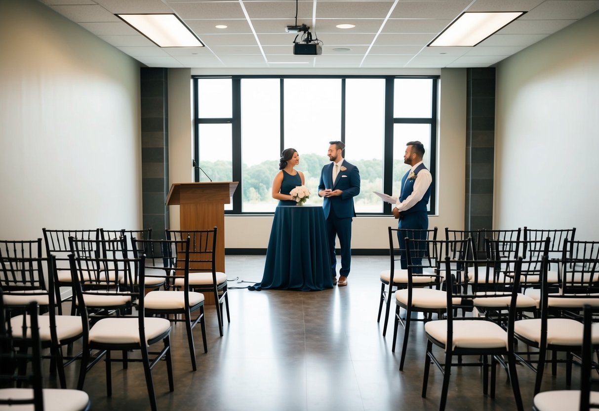 A wedding rehearsal space with chairs arranged in rows and a podium at the front, with a couple of people standing and discussing the details