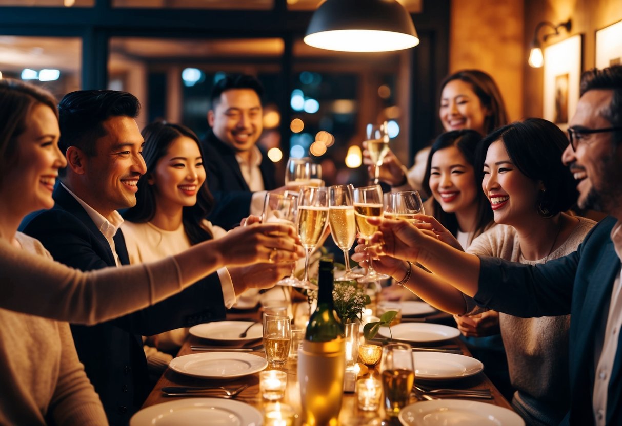 A group of people gather in a cozy restaurant, clinking glasses and sharing laughter. The room is filled with warm light and the air is buzzing with excitement