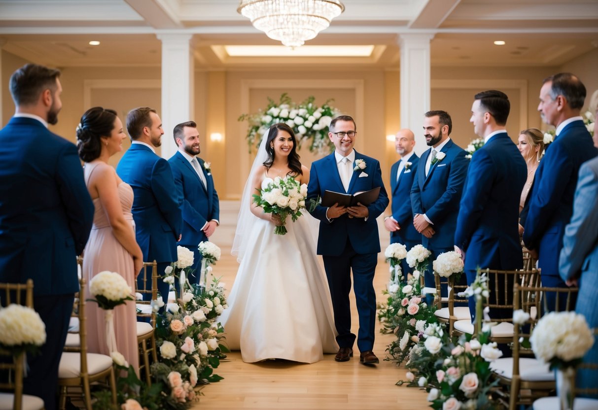 A group of figures stand in a wedding venue, following the guidance of an officiant. The setting is elegant and adorned with flowers and decorations