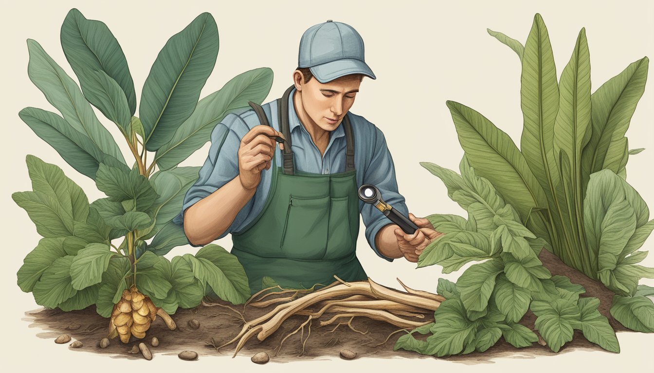 A botanist examining galangal root with a magnifying glass