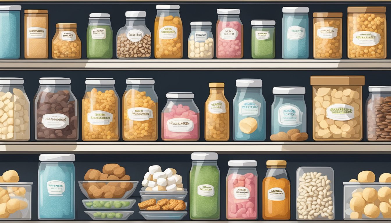 A pantry shelf with neatly organized food items, including a bag of expired marshmallows