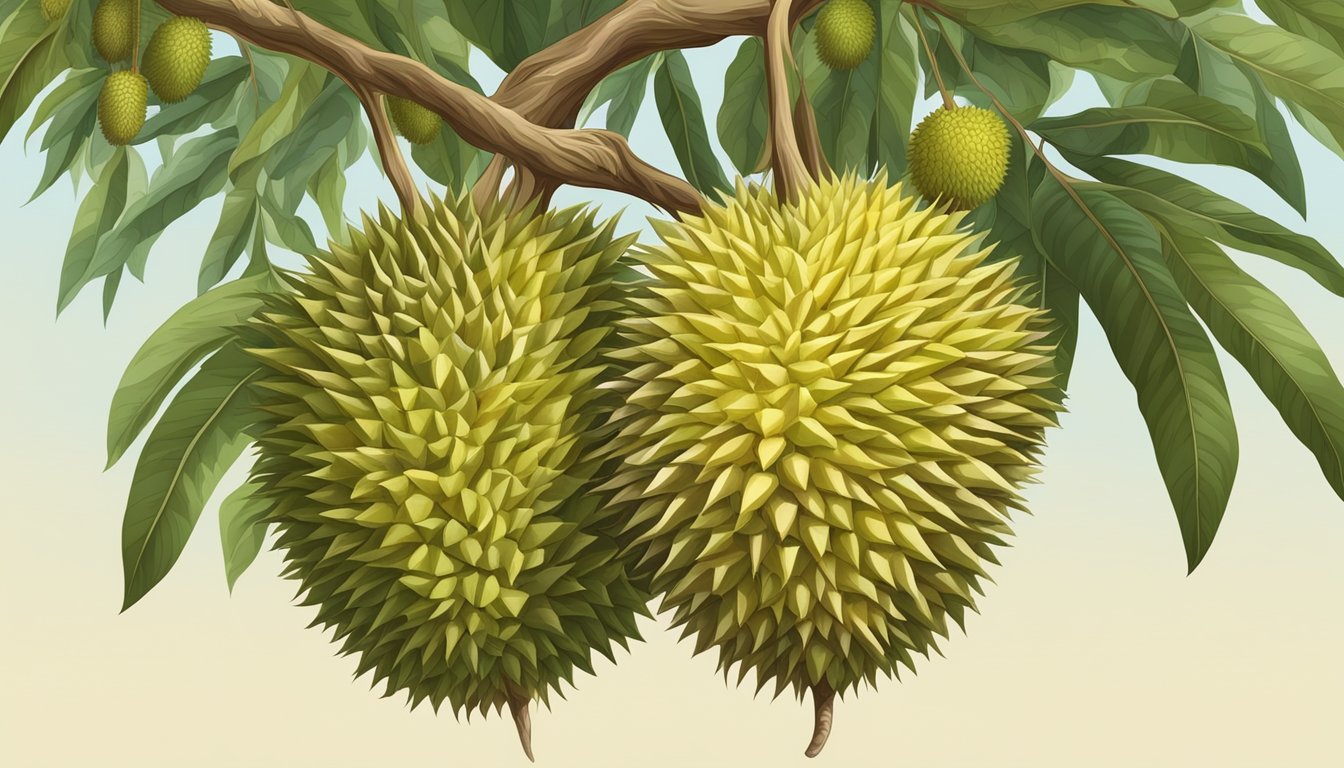 A durian tree with both ripe and unripe fruits hanging from its branches