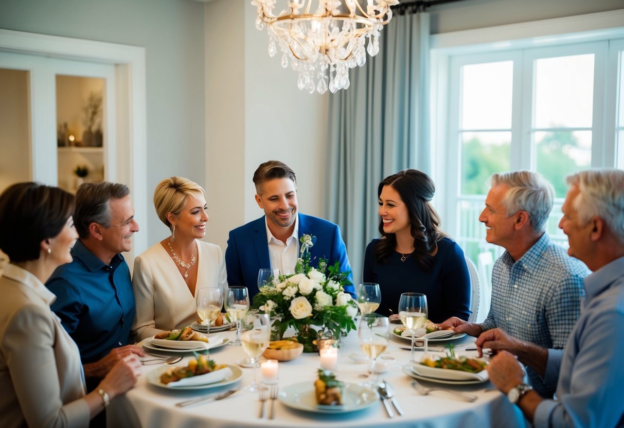 A family gathering around a dinner table, with a couple discussing wedding plans and who will cover the cost of the rehearsal dinner