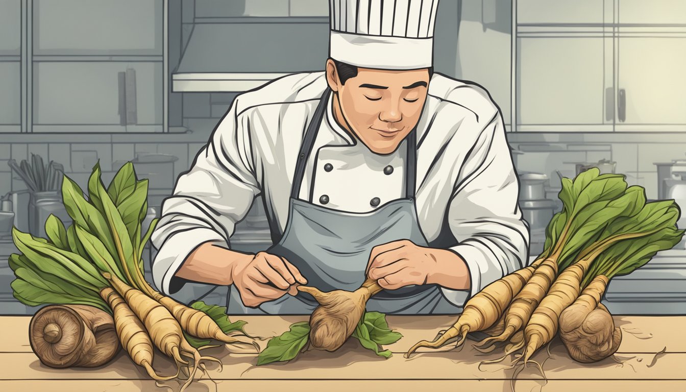 A chef holding a galangal root, examining it for freshness and safety