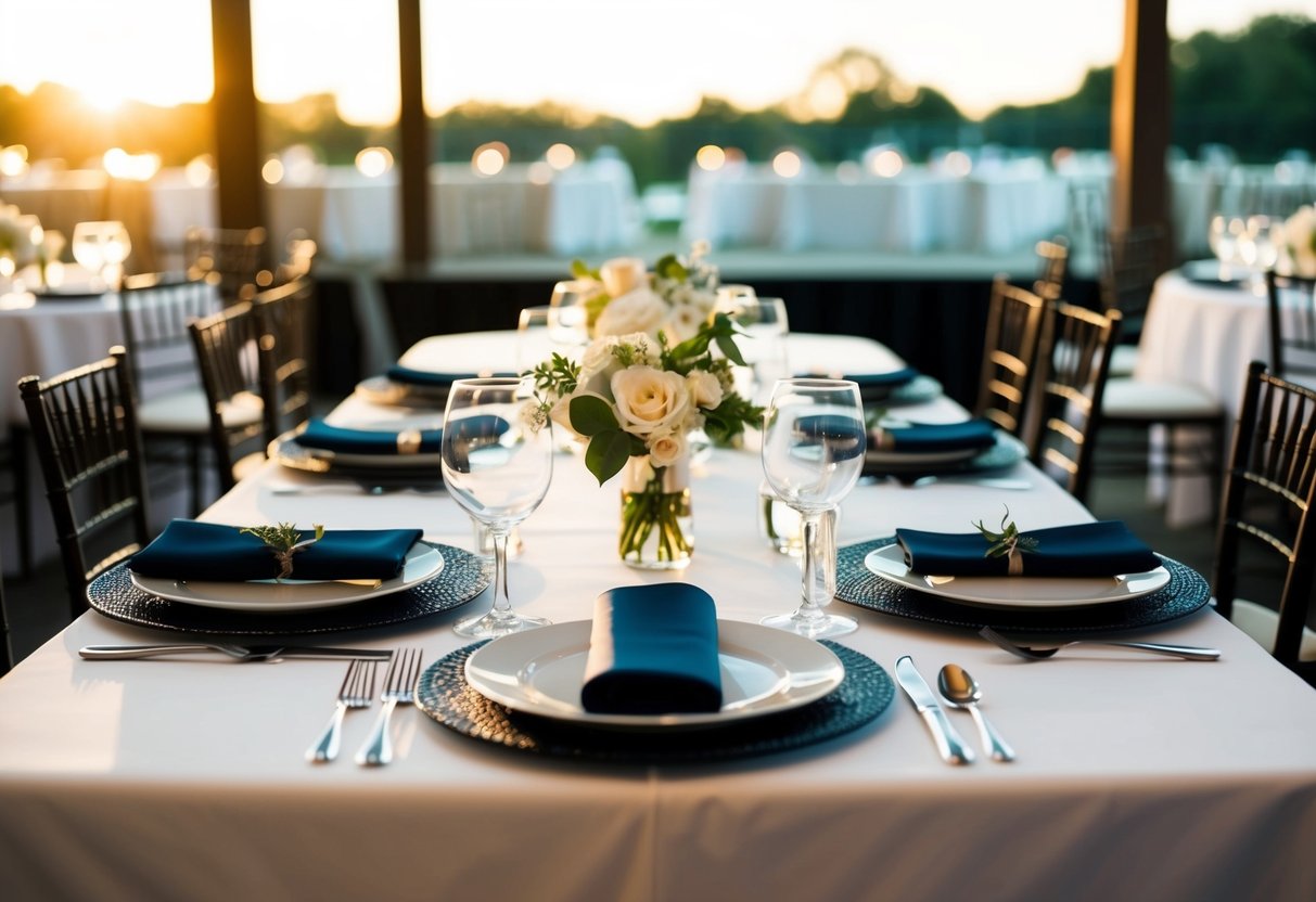A table set for a rehearsal dinner with two place settings, one empty and one occupied