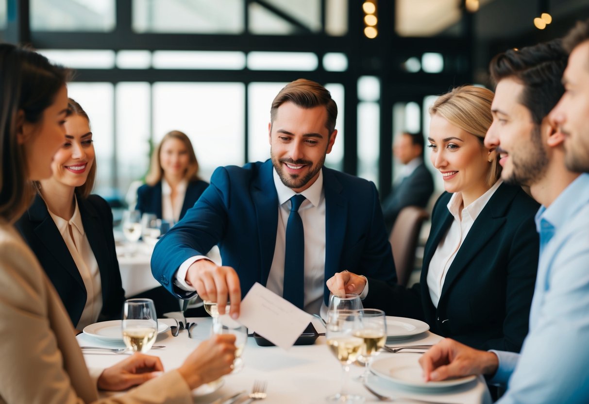 A group of people seated around a table, one person reaching for the bill while others look on
