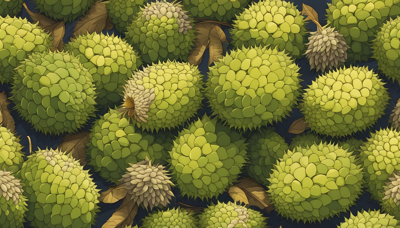 A pile of unripe durians surrounded by fallen leaves and a few ants, with a ripe durian in the background