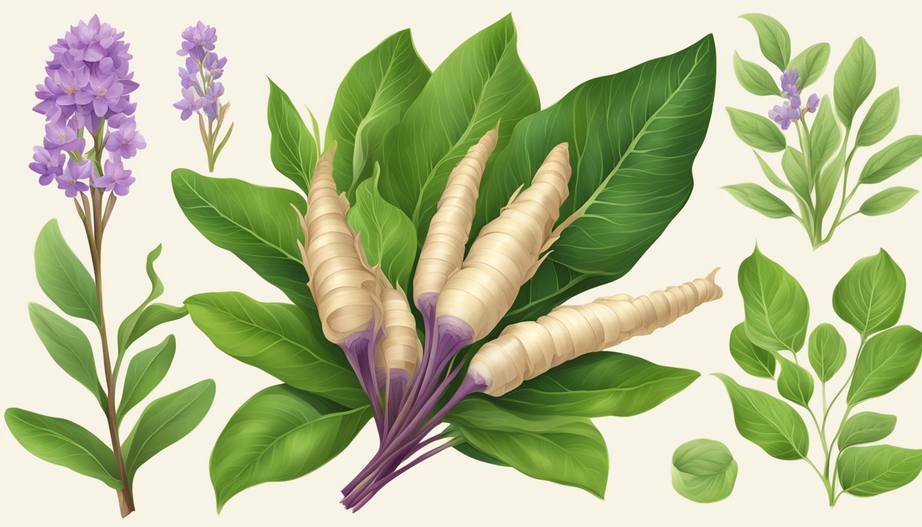 A galangal root surrounded by vibrant green leaves and small purple flowers, with a label displaying its health benefits and nutritional value