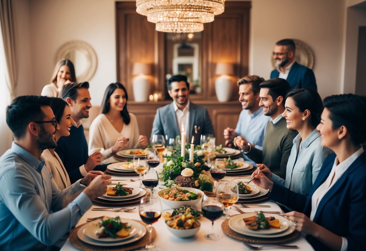 A group of people gathered around a beautifully set table, enjoying a meal together in a warm and inviting atmosphere