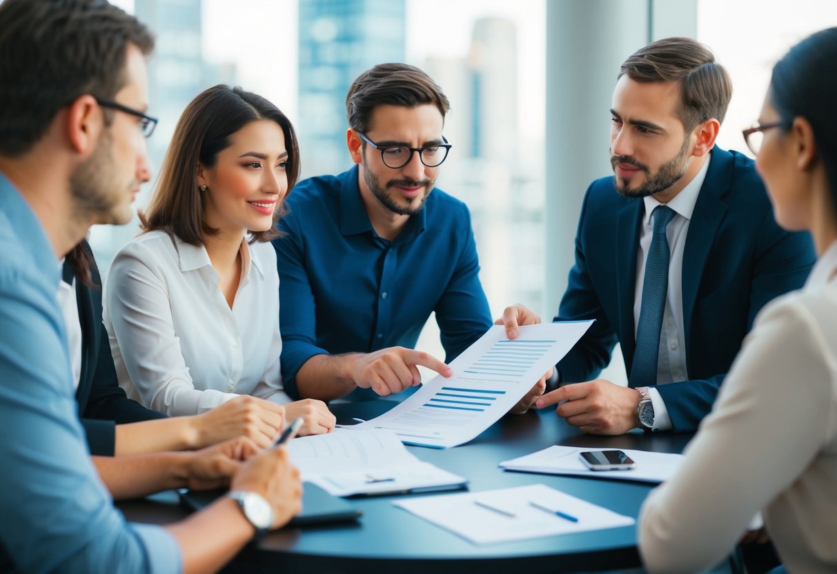 A group of people sitting around a table, discussing and planning an event. One person is pointing to a document while others listen attentively