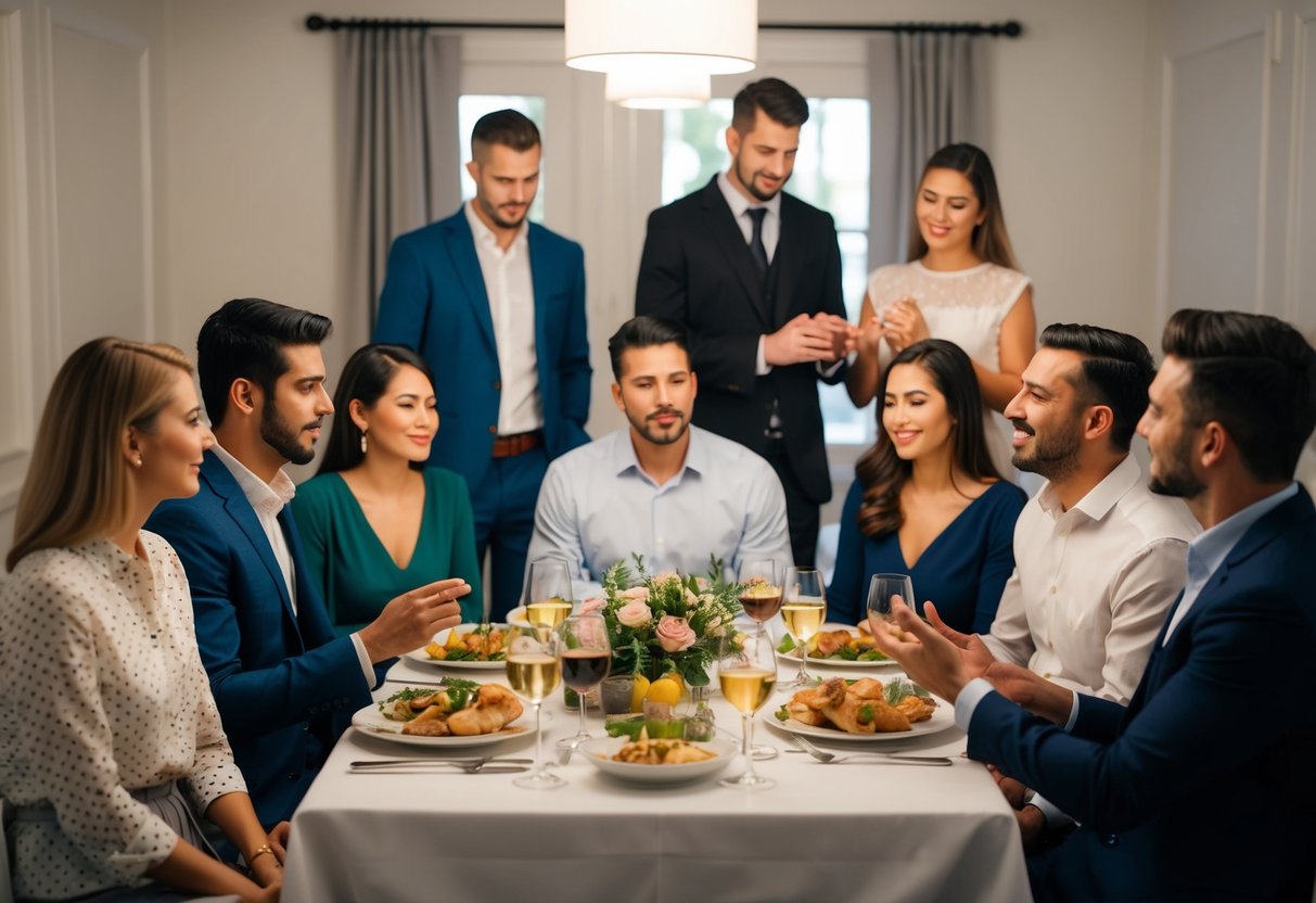 A group of couples gathered around a dinner table, some looking disappointed while others engage in lively conversation