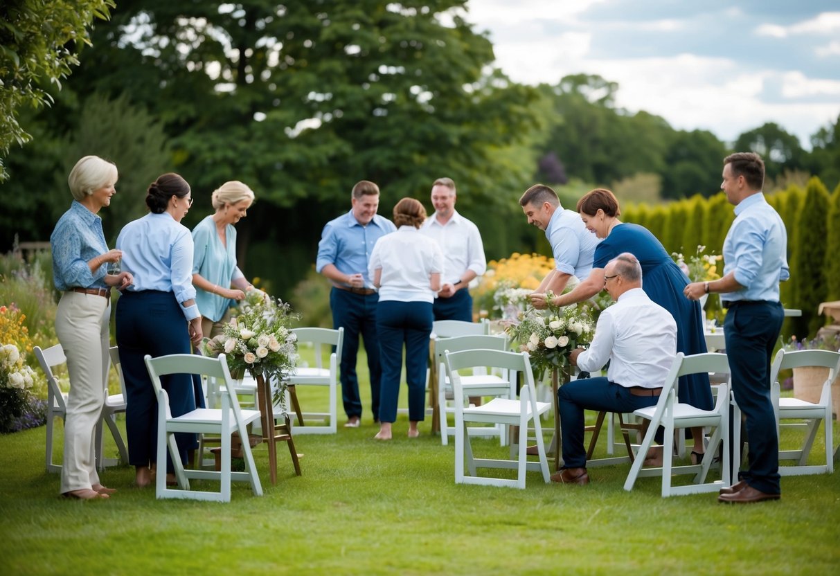 A group of people in casual attire gather in a garden, arranging flowers and setting up chairs for a wedding rehearsal
