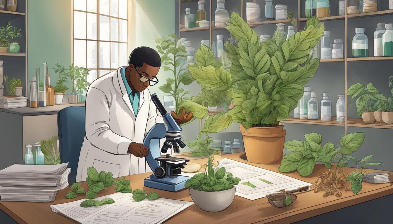 A scientist in a lab, examining galangal root under a microscope surrounded by research papers and medicinal herbs