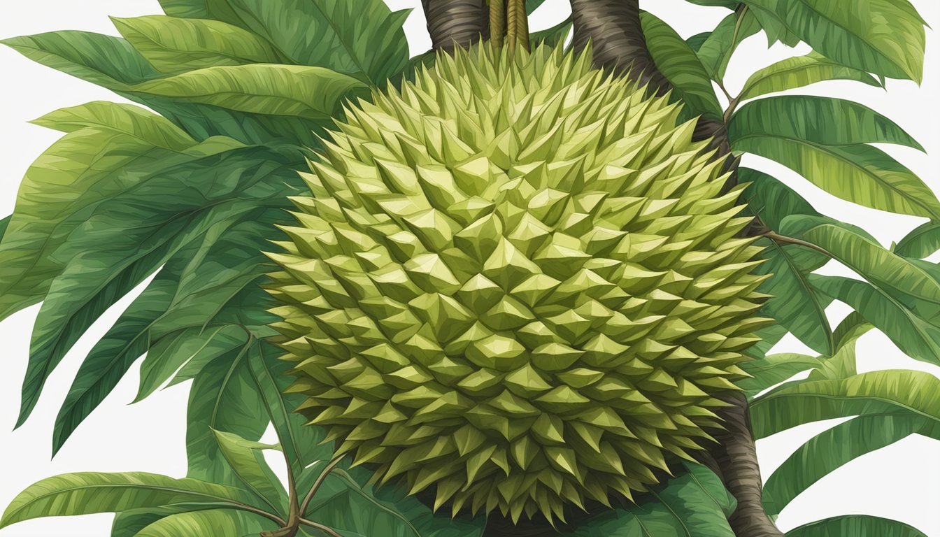 A durian hanging from a tree, still green and unripe, with thorns covering its tough outer shell