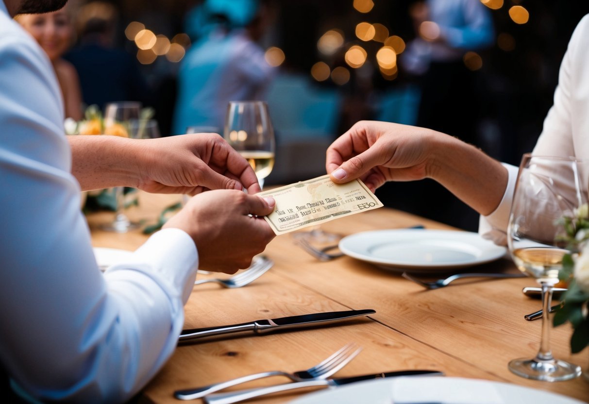 A couple's hands exchanging payment for the rehearsal dinner at a restaurant