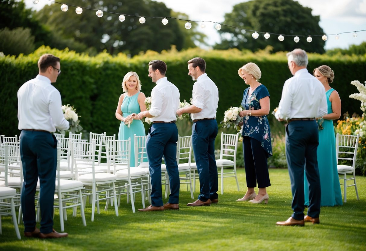 A group of people stand in a garden, arranging chairs and decorations for a wedding rehearsal
