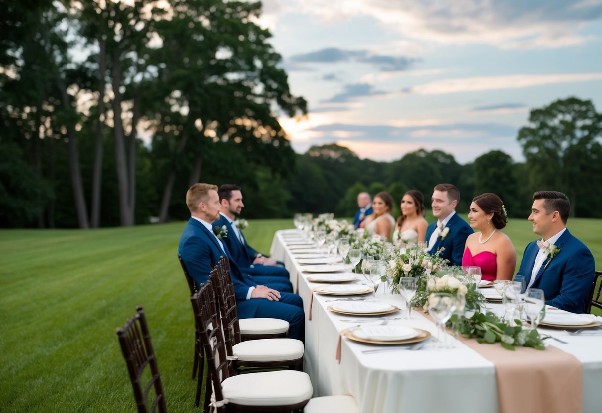 A table set for a rehearsal dinner with empty chairs on one side and couples seated on the other, creating an awkward divide