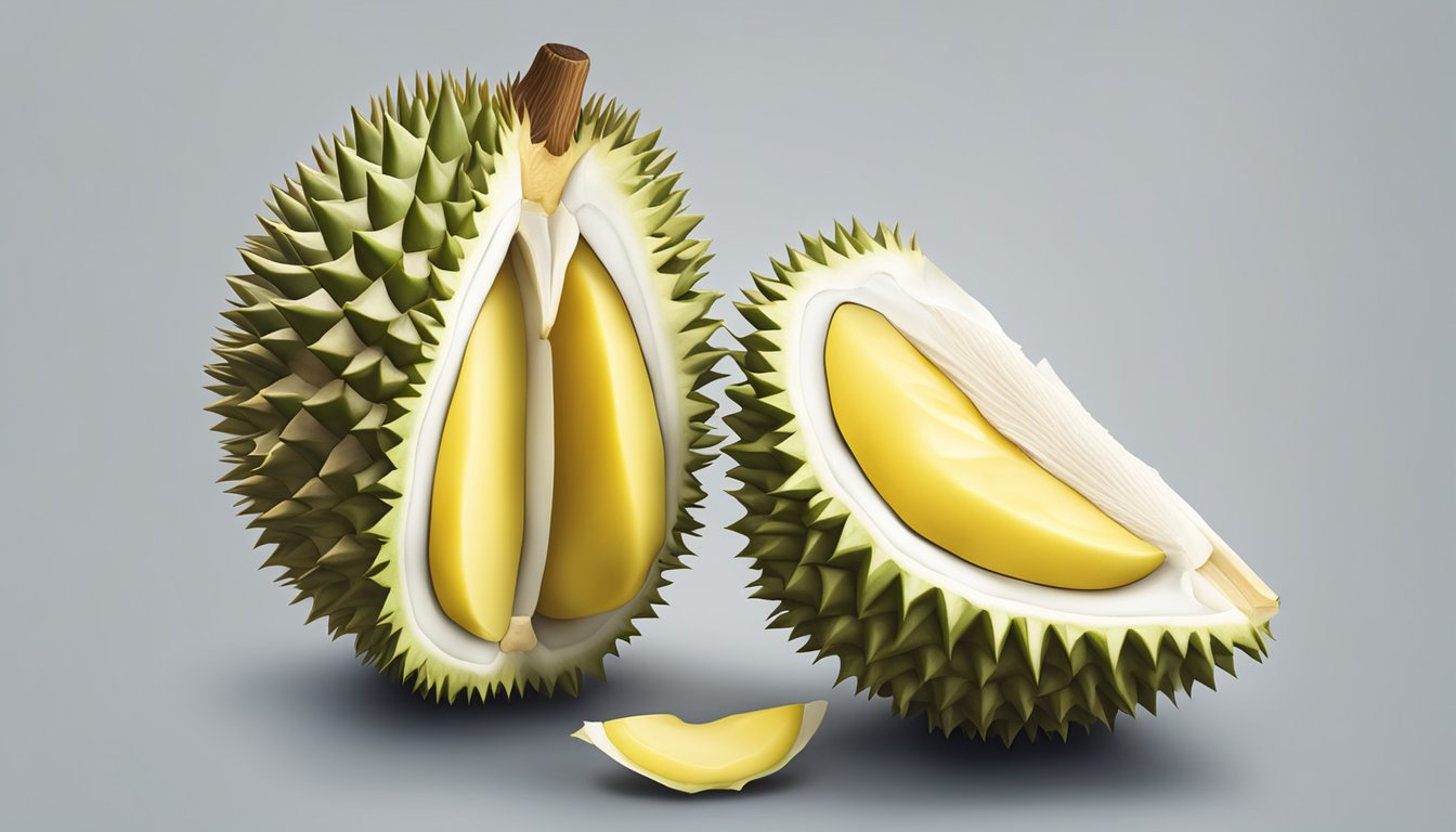 A durian fruit with a green, spiky outer shell is shown cut open to reveal the pale, unripe flesh inside