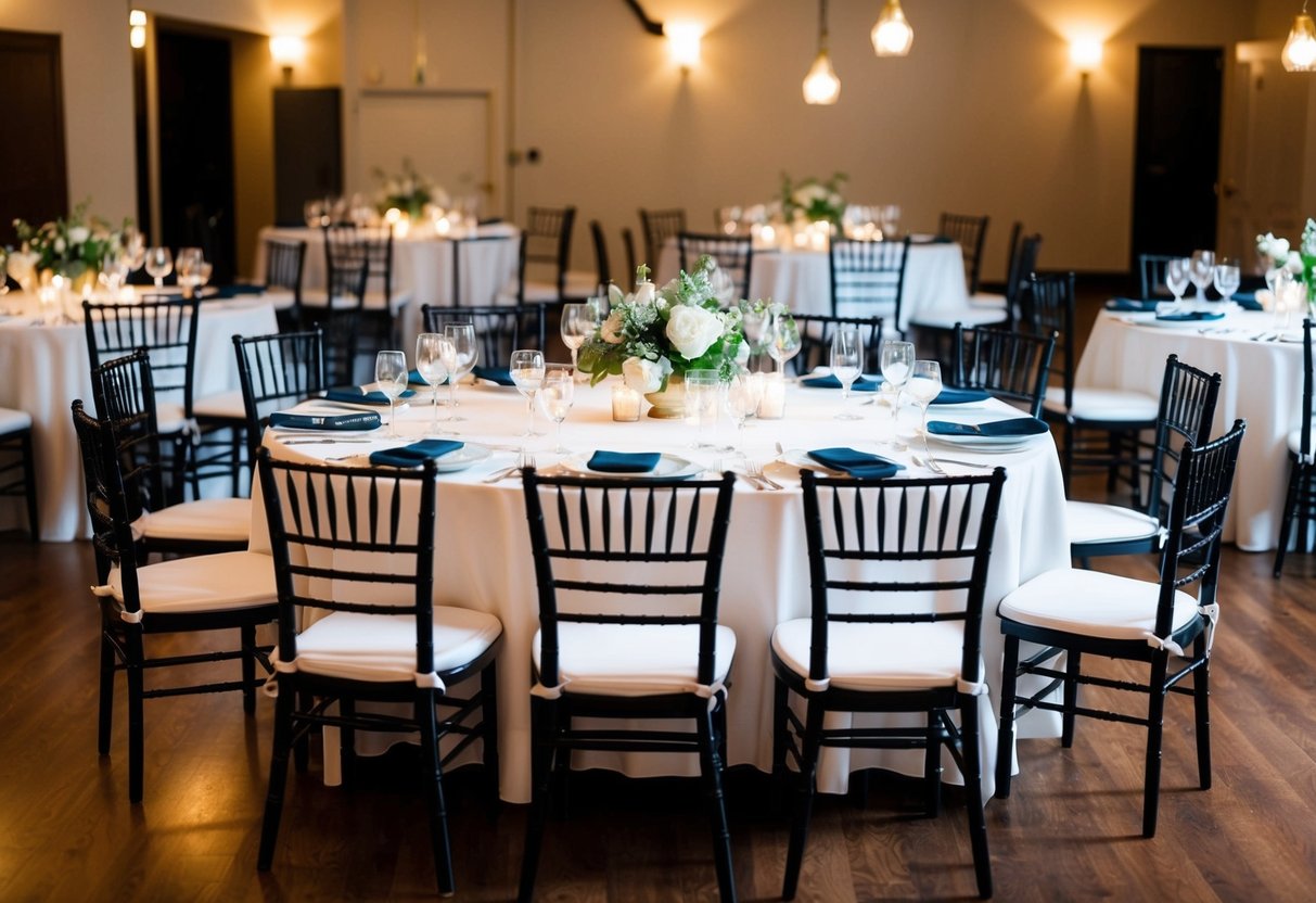 A table set for a rehearsal dinner, with empty chairs for non-invited spouses