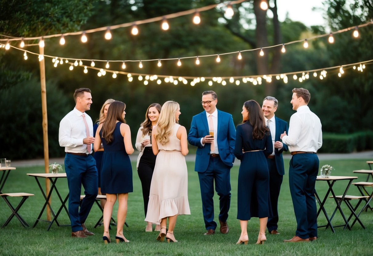 A group of people in semi-formal attire mingling in a relaxed, outdoor setting with string lights and small tables