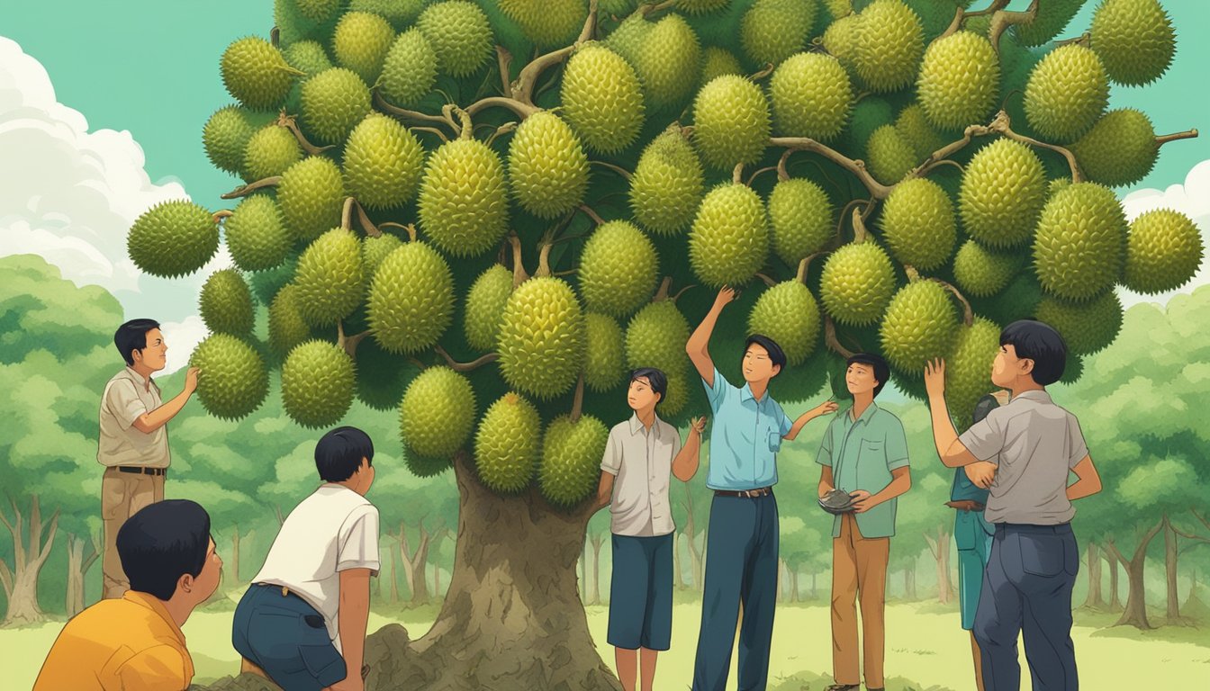 A group of people gathered around a durian tree, examining the unripe fruit with curiosity and caution. Some are gesturing and discussing while others are carefully inspecting the green spiky exterior