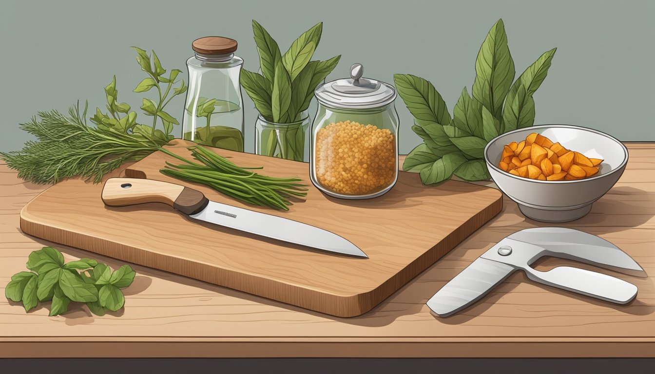 A kitchen counter with a cutting board, knife, and fresh galangal root. A storage container for herbs and spices sits nearby