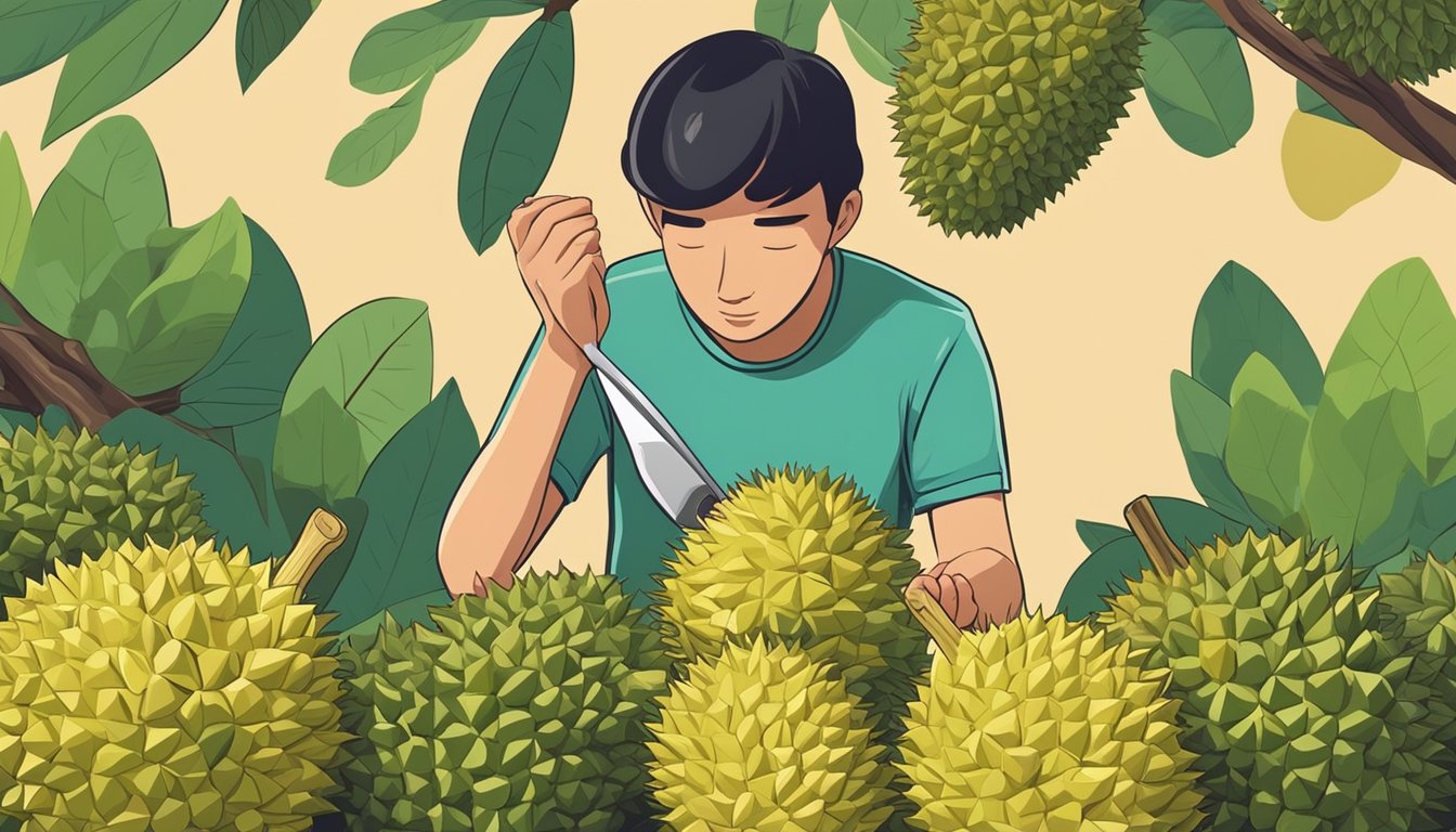 A person selecting a ripe durian from a pile of fruit, then cutting it open and eating the flesh