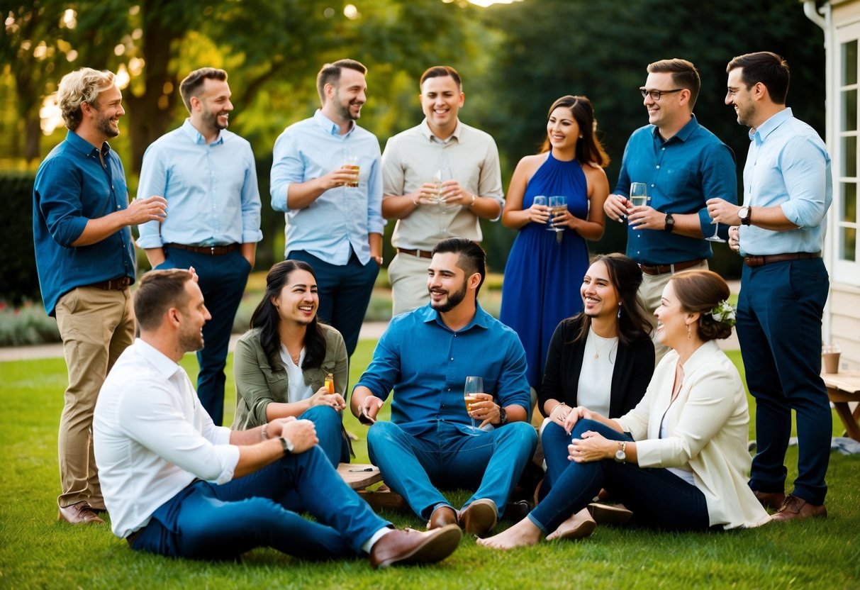 A group of people in casual attire gather in a relaxed setting, chatting and laughing while enjoying pre-wedding festivities