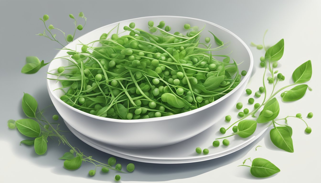 A bowl of vibrant green pea shoots arranged on a white plate, with a scattering of pea pods and tendrils in the background