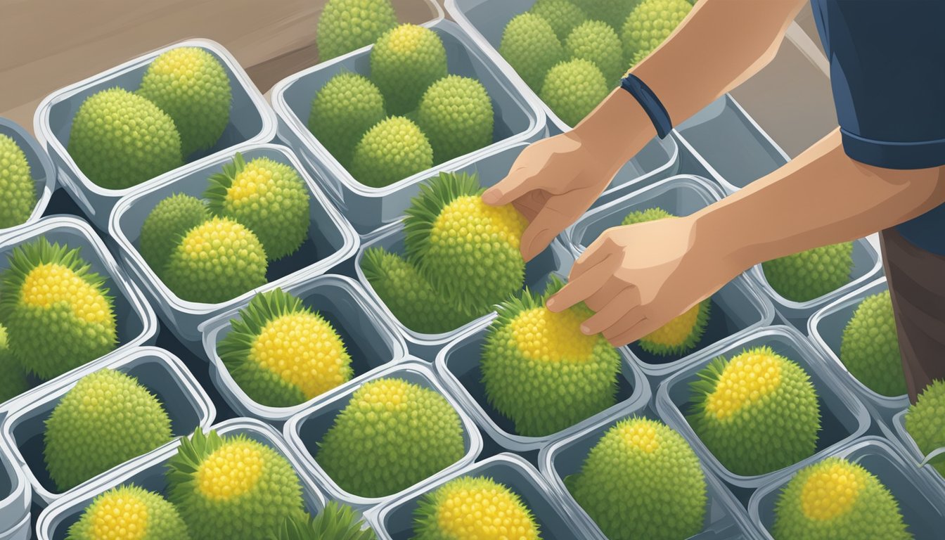 A person placing unripe durians in airtight containers with a desiccant pack to help ripen and preserve them