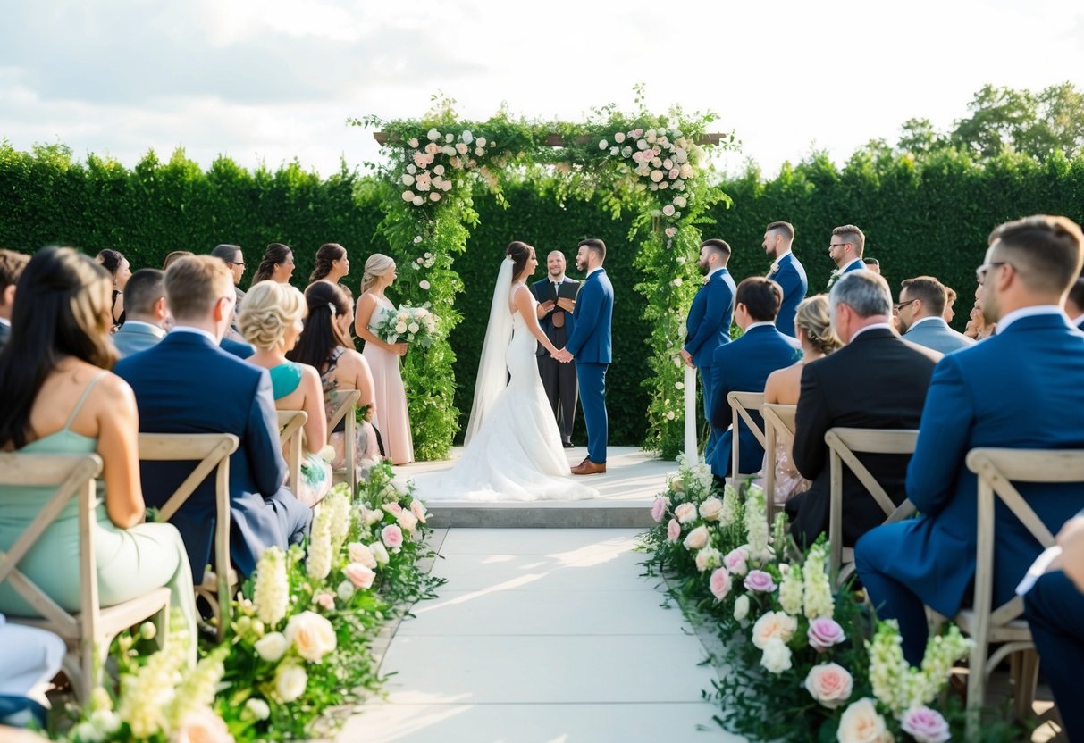 A beautiful outdoor wedding ceremony with guests seated and a couple standing at the altar, surrounded by lush greenery and blooming flowers