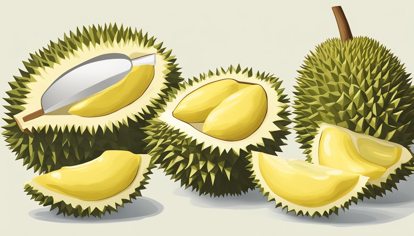 A durian being sliced open to reveal unripe, pale yellow flesh