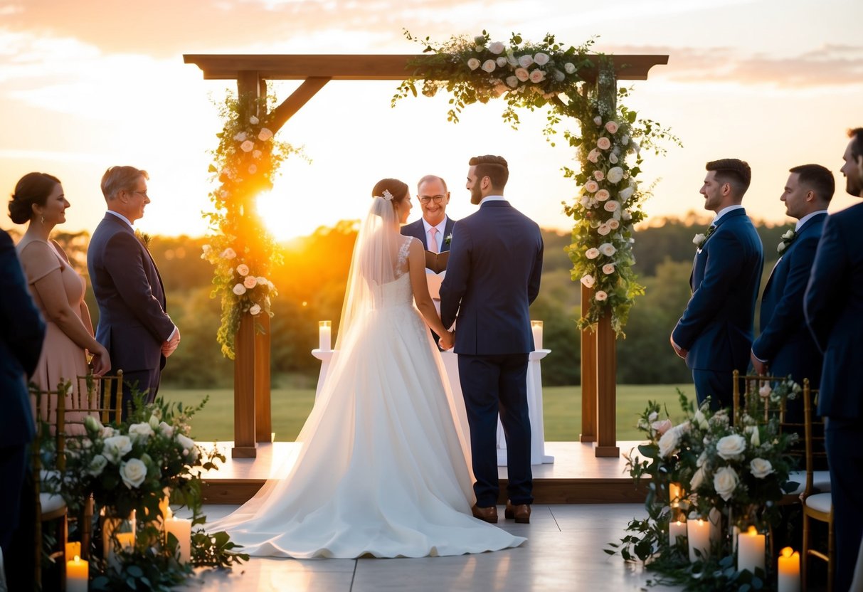 A bride and groom stand at the altar, surrounded by flowers and candles. The sun sets behind them, casting a warm glow over the scene