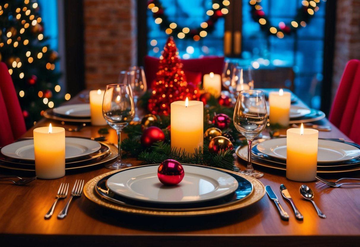 A table set with multiple place settings, surrounded by festive decorations and glowing candles
