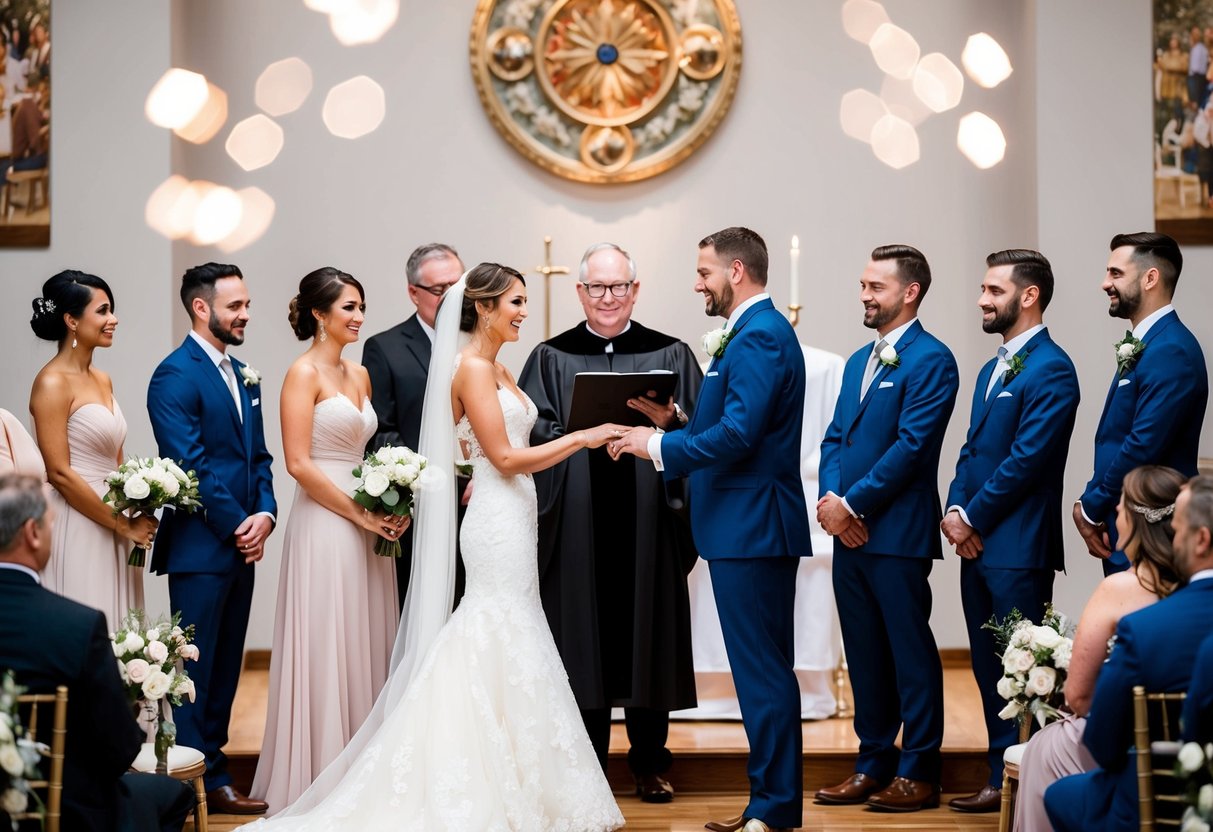 A bride and groom stand at the altar, surrounded by their wedding party and officiant. They exchange vows and rings, with guests seated nearby