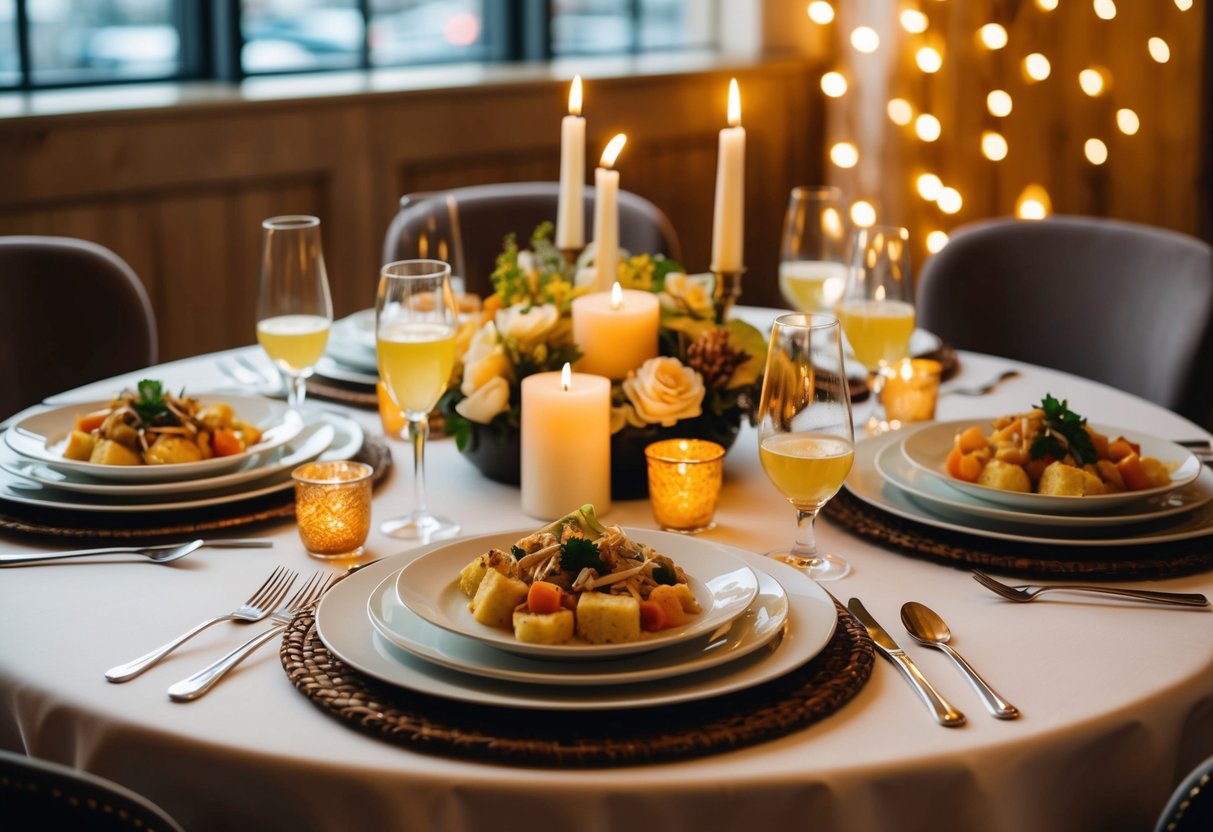 A table set with elegant place settings, surrounded by warm candlelight and filled with delicious food and drinks