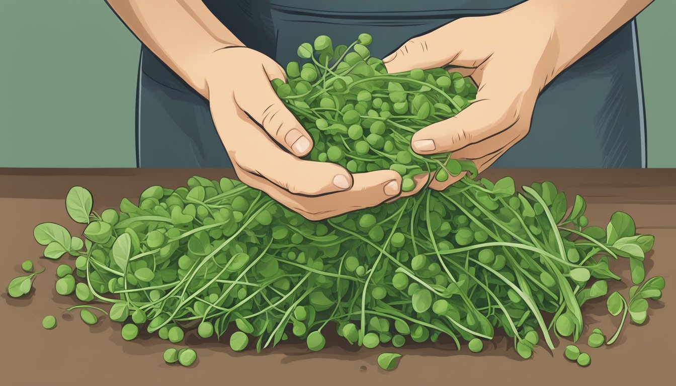 A person holding a bunch of fresh pea shoots, inspecting them for any signs of spoilage or contamination before eating