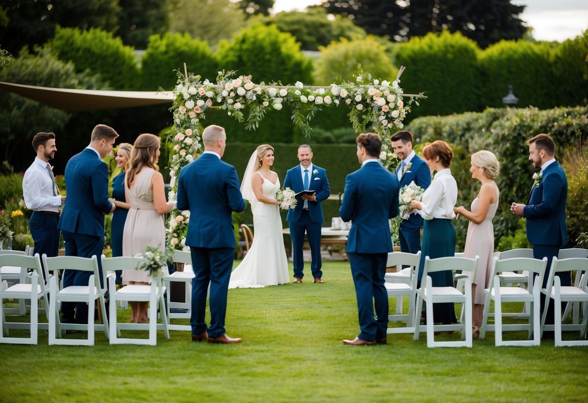A group of people gather in a garden, setting up chairs and decorations for a pre-wedding rehearsal. A couple stands at the front, practicing their vows