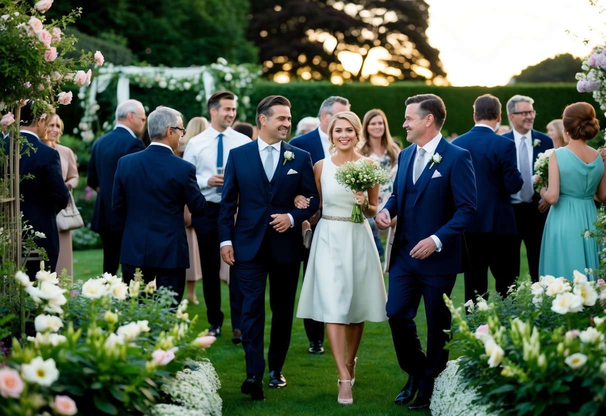 Guests in formal attire mingle in a garden with blooming flowers and elegant decor, as a soft evening light bathes the scene