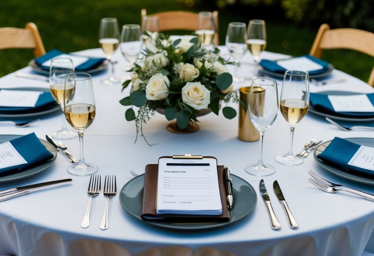 A table set for a rehearsal dinner, with place settings for each guest and a checkbook and pen at the head of the table